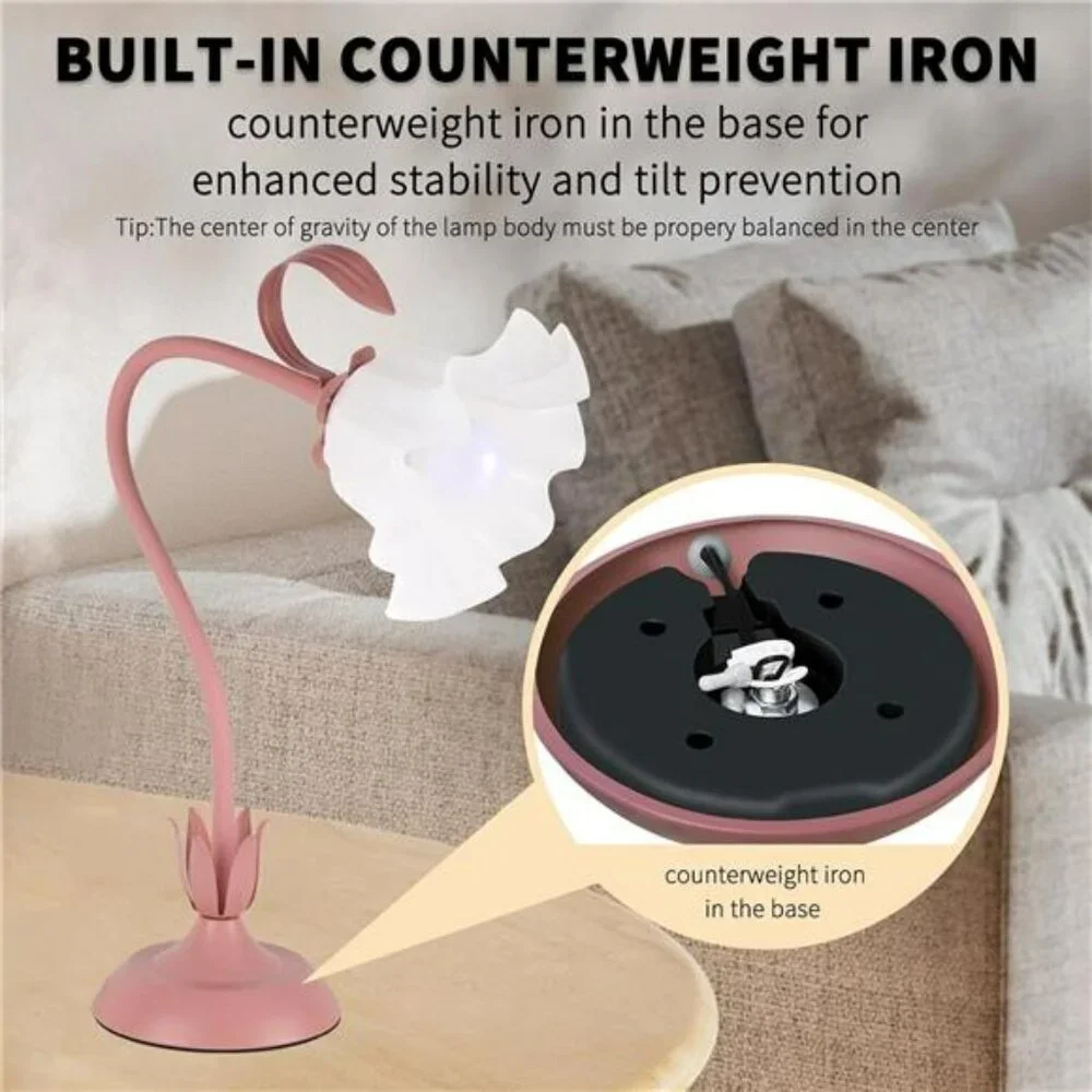 Pink Flower Desk Lamp LED Vintage Bedside Table Light for Bedroom Reading